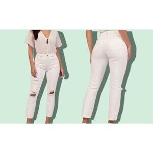 Abercrombie & Fitch The Mom High Rise Jeans  Women's 32/14L  White Ripped Denim